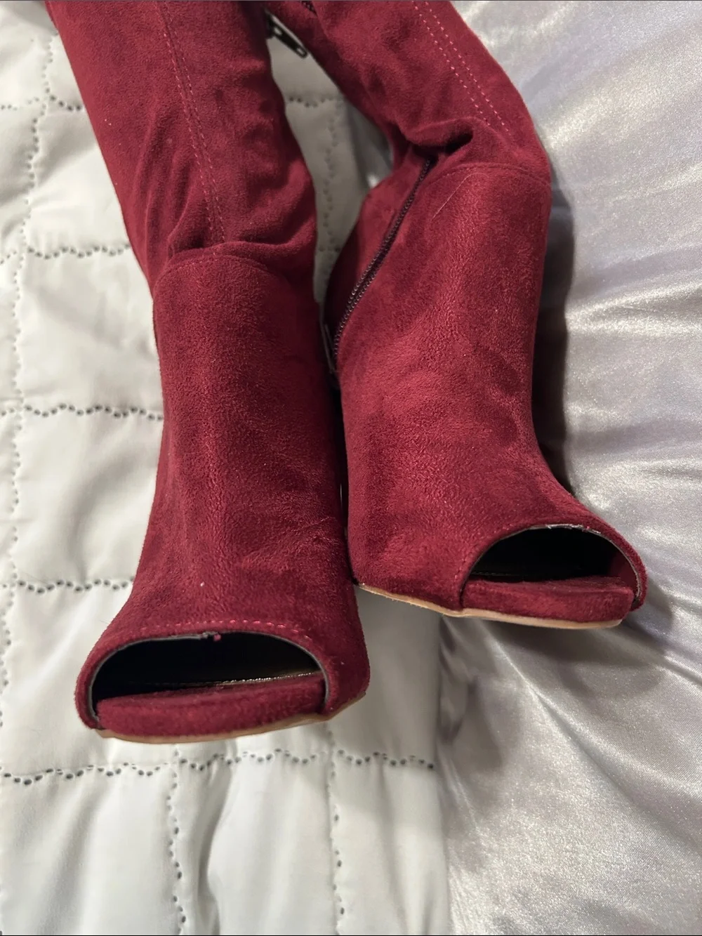 Soda Burgundy Over-the-Knee Peep-Toe Block Heel Boots